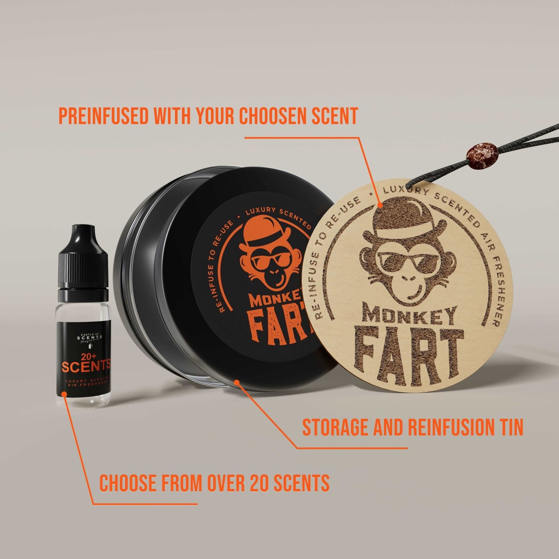 Reusable Car Air Freshener - 'Monkey Fart' Design - Castle of Scent Car Air Freshener, Reusable Air Fresheners for Cars