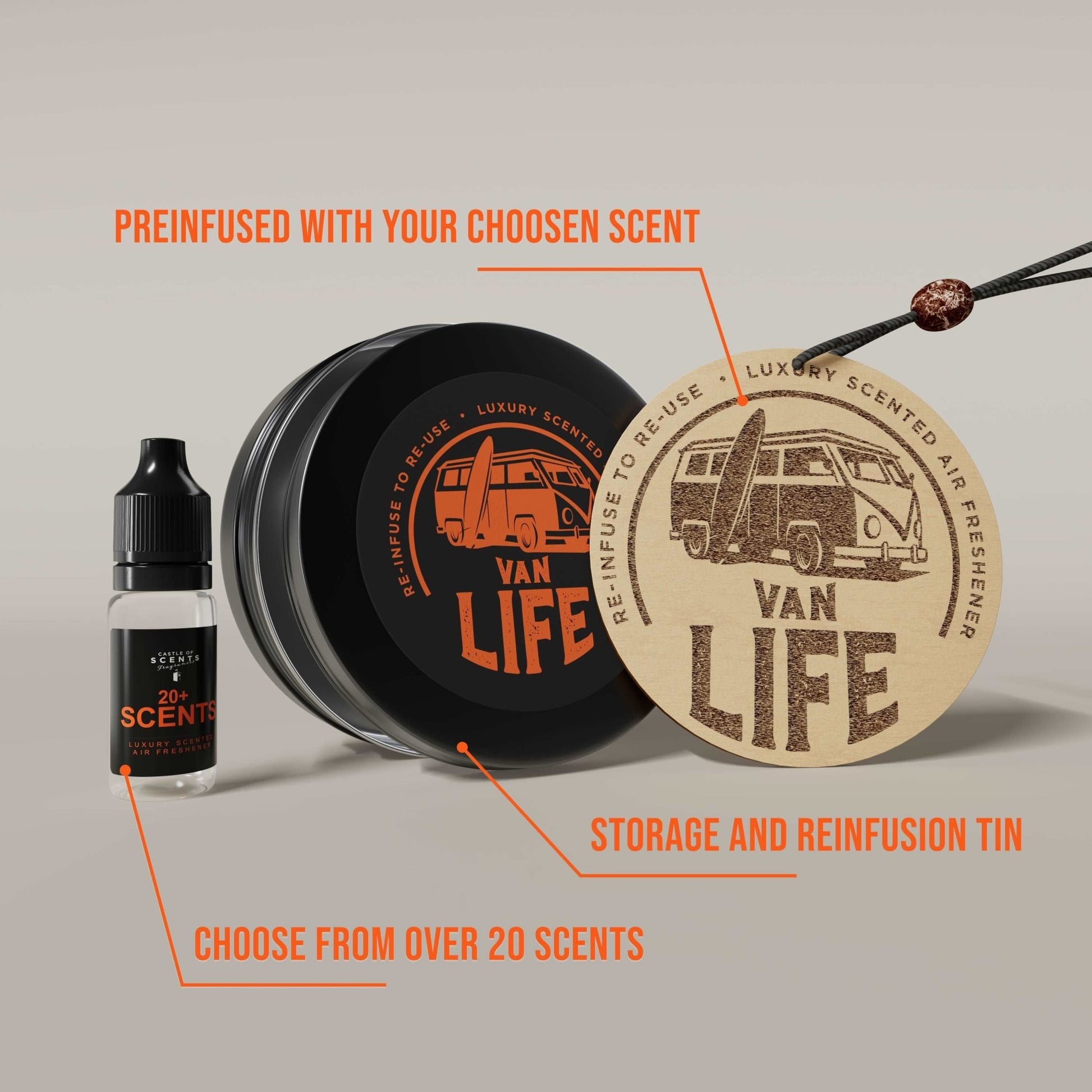 Reusable Car Air Freshener - 'Van Life' Design - Castle of Scent Car Air Freshener, Refillable car air Fresheners for Cars